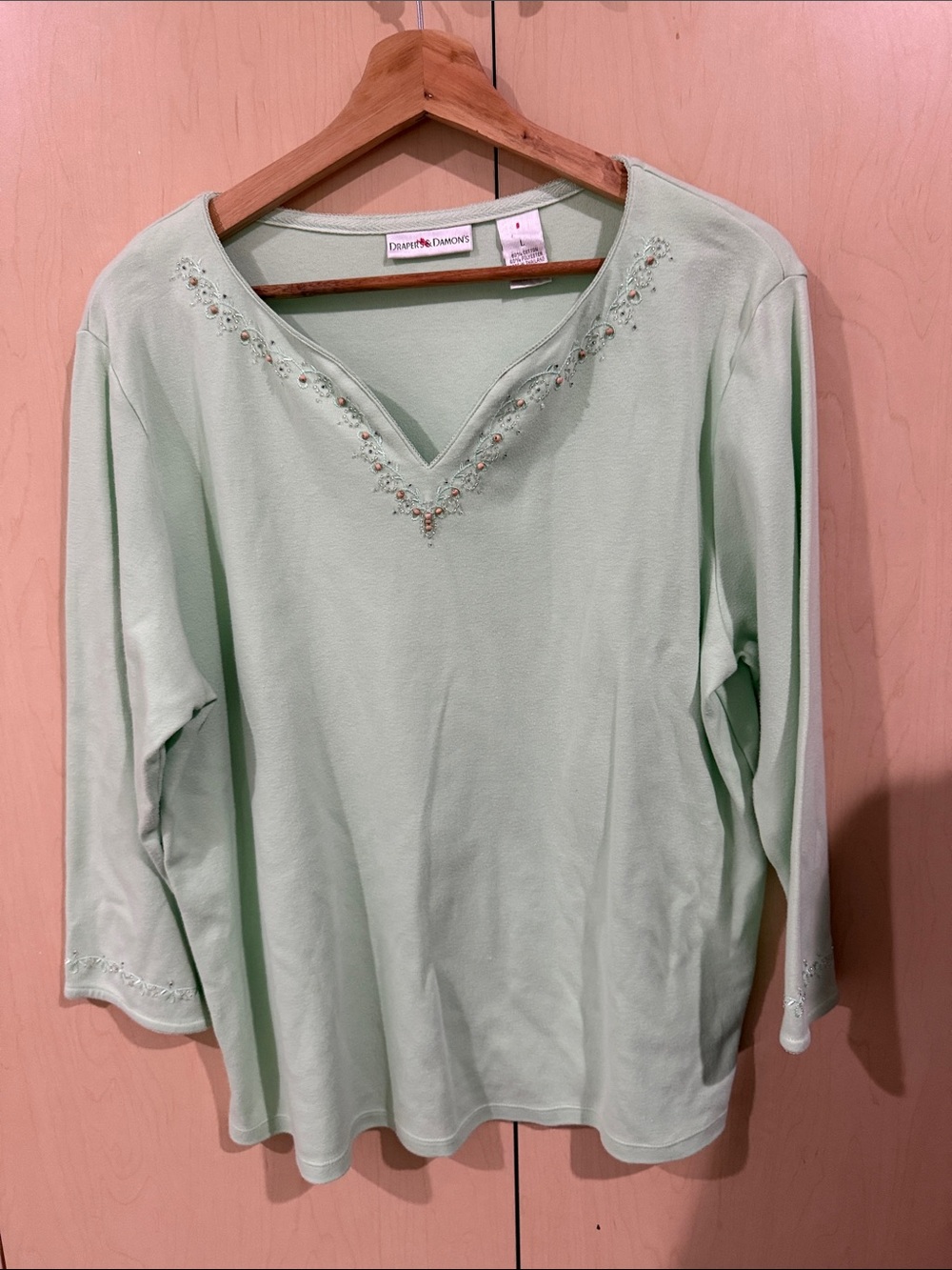 Dana & Damon Mint Green Embellished V-Neck Long Sleeve Tee